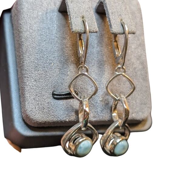 925 Sterling Silver Loopy Dangle Leverback Larimar Stone Earrings - Picture 2 of 6